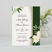 Elegant & Luxury Green White Floral Gold 箔招待状 (立ち正面)