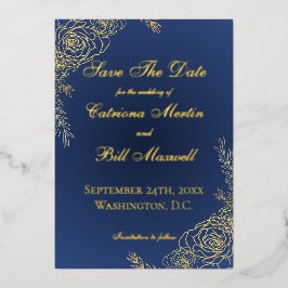 Elegant Luxury Navy and Gold Save the Date Card 箔招待状