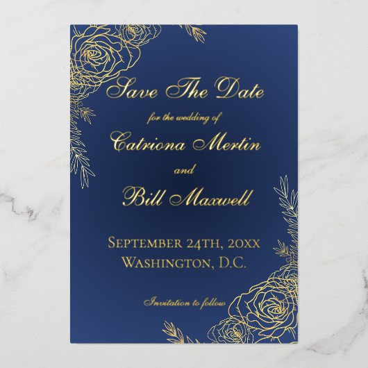Elegant Luxury Navy and Gold Save the Date Card 箔招待状 (正面)