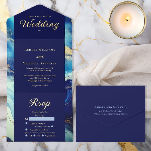 Elegant Luxury Navy Blue and Gold Marble Wedding オールインワン招待状