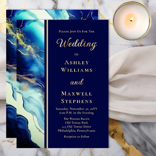 Elegant Luxury Navy Blue and Gold Marble Wedding 箔招待状