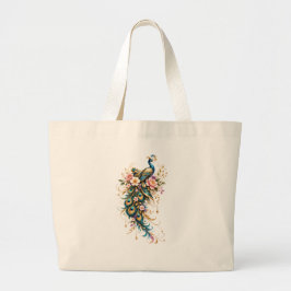 Elegant Luxury Peacock Floral Illustration  ラージトートバッグ