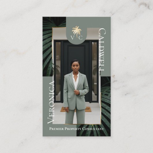 Elegant Luxury Tropical Palm Tree Monogram Photo 名刺 (正面)