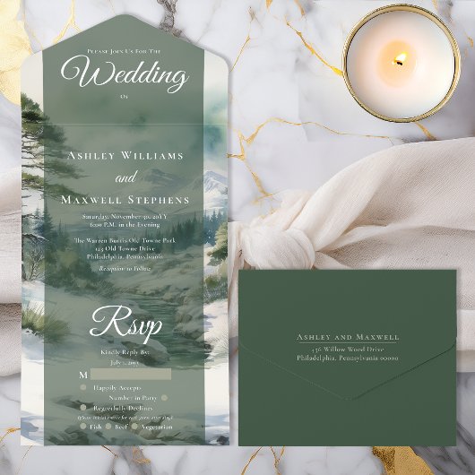 Elegant Luxury Winter Mountain Estate Wedding Foil オールインワン招待状