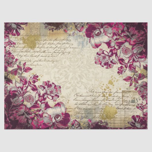 Elegant Magenta Floral Antique Decoupage Print 薄葉紙 (正面)