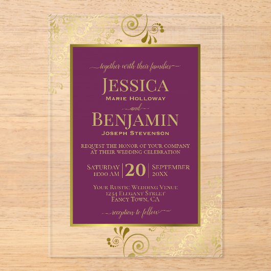 Elegant Magenta Plum & Gold Stylish Text Wedding アクリル招待状 (正面)