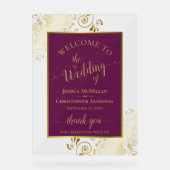 Elegant Magenta Plum & Gold Wedding Welcome アクリルサイン (正面)
