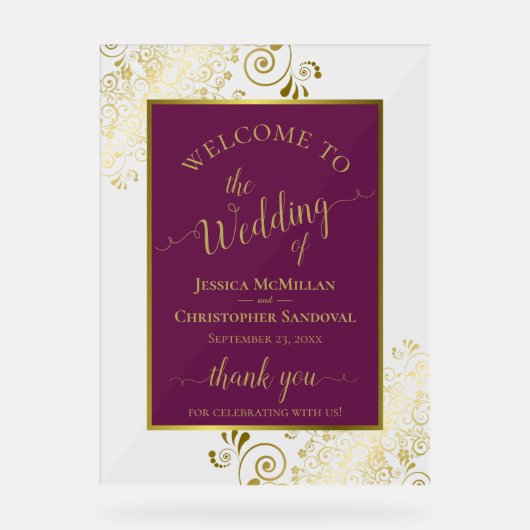 Elegant Magenta Plum & Gold Wedding Welcome アクリルサイン (正面)