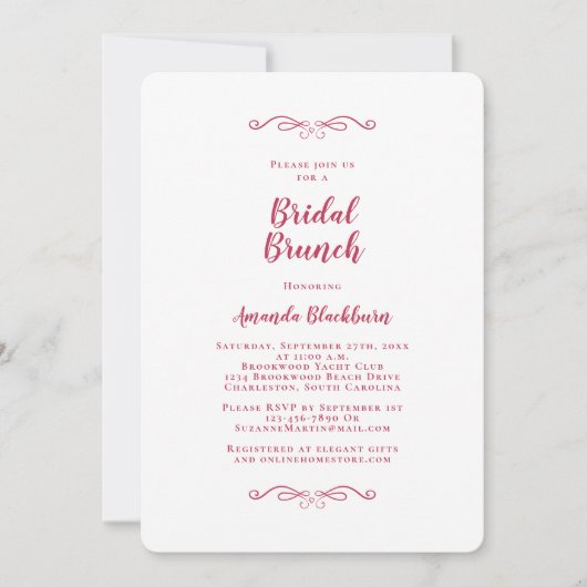 Elegant Magenta Red Calligraphy Bridal Brunch 招待状 (正面)