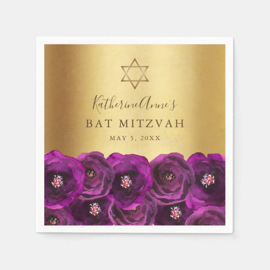 Elegant Magenta Rose Floral Gold Bat Mitzvah スタンダードカクテルナプキン (正面)