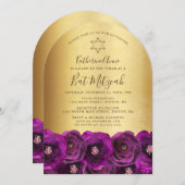 Elegant Magenta Rose Floral Gold Bat Mitzvah 招待状 (正面/裏面)