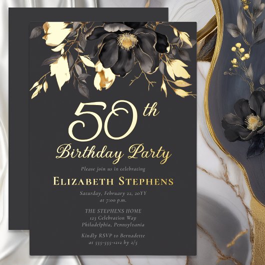 Elegant Magnolia Adult 50th Birthday Party Gold  箔招待状