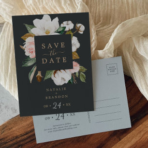 Elegant Magnolia Black Save the Date Postcard インビテーションポストカード