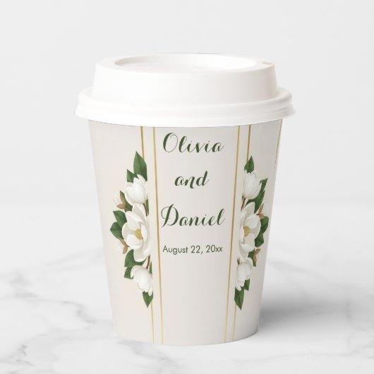 Elegant Magnolia & Gold Frame Wedding 紙コップ (正面)