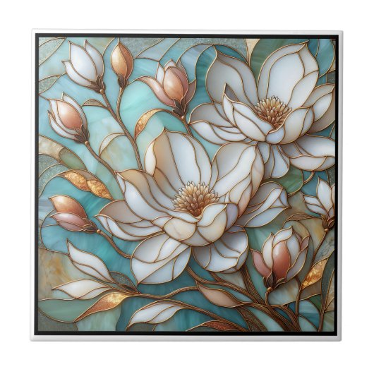 Elegant Magnolia Stained Glass Floral Mosaic Art タイル (正面)