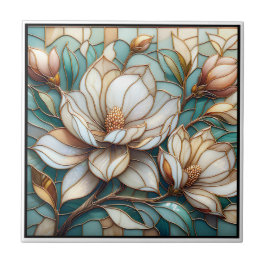 Elegant Magnolia Stained Glass Floral Mosaic Art タイル
