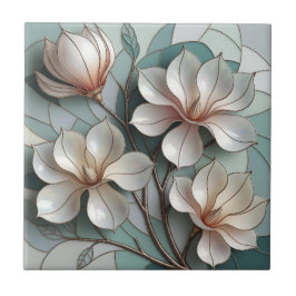 Elegant Magnolia Stained Glass Floral Mosaic Art タイル