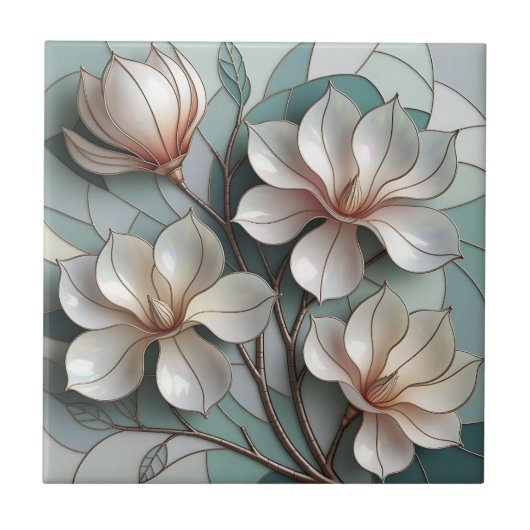 Elegant Magnolia Stained Glass Floral Mosaic Art タイル (正面)