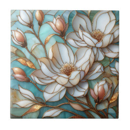 Elegant Magnolia Stained Glass Floral Mosaic Art タイル