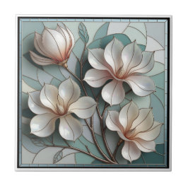 Elegant Magnolia Stained Glass Floral Mosaic Art タイル