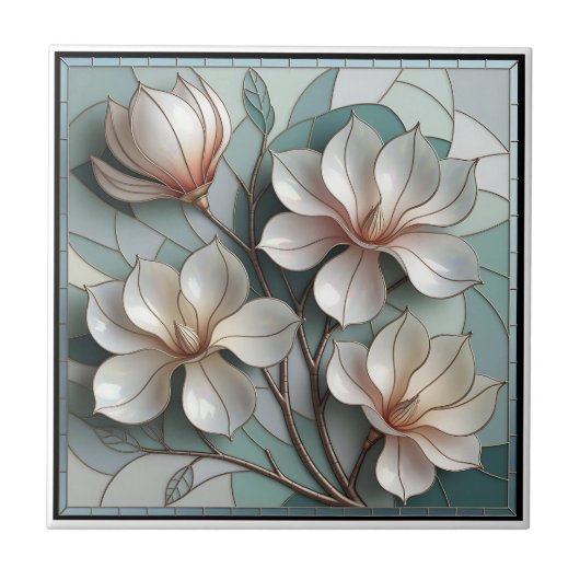 Elegant Magnolia Stained Glass Floral Mosaic Art タイル (正面)