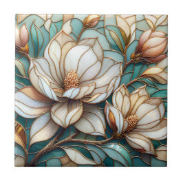 Elegant Magnolia Stained Glass Floral Mosaic Art タイル