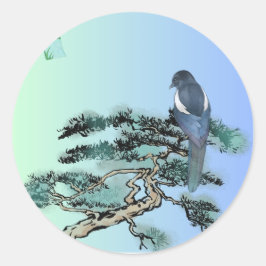Elegant Magpie Bird Bonsai Aesthetic Sticker  ラウンドシール