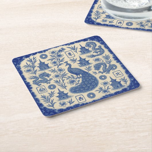 Elegant Mahjong Toile Paper Coaster Set スクエアペーパーコースター (アングル)