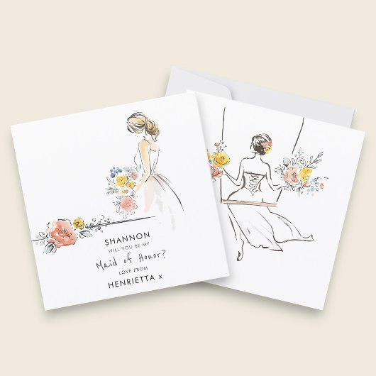 Elegant Maid of Honor Proposal Floral Sketch 招待状