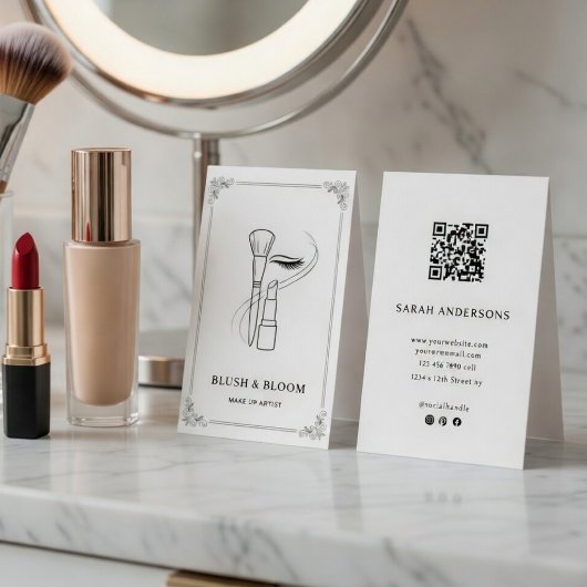 Elegant Makeup Artist Business Card with QR Code  名刺