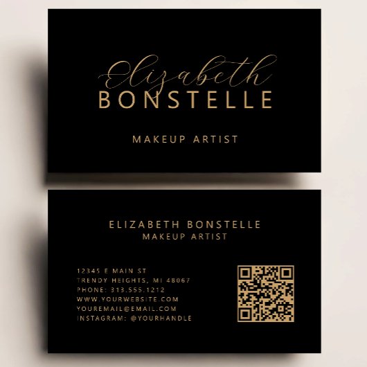 Elegant Makeup Artist QR Code Black Gold 名刺