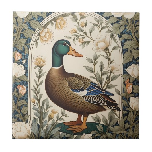 Elegant Mallard Duck William Morris Inspired タイル (正面)