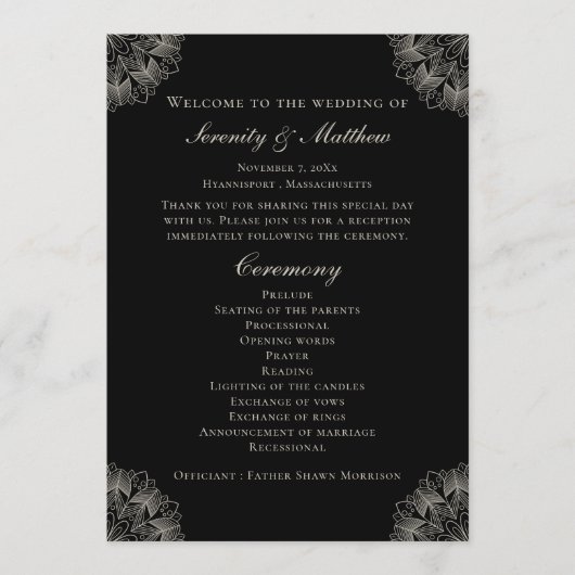 Elegant Mandala Indian Black Boho Wedding Program プログラム (正面)