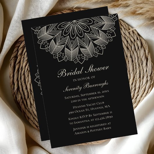Elegant Mandala Indian Boho Black Bridal Shower 招待状