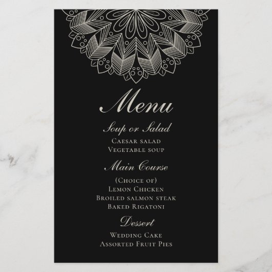 Elegant Mandala Indian Boho Black Wedding Menu (正面)