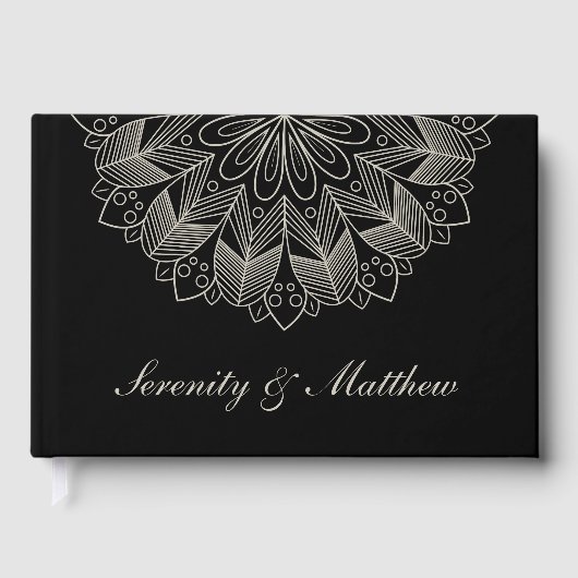 Elegant Mandala Indian Boho Chic Black Wedding ゲストブック (正面)