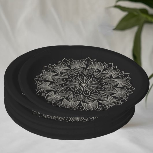 Elegant Mandala Indian Boho Chic Black Wedding ペーパープレート