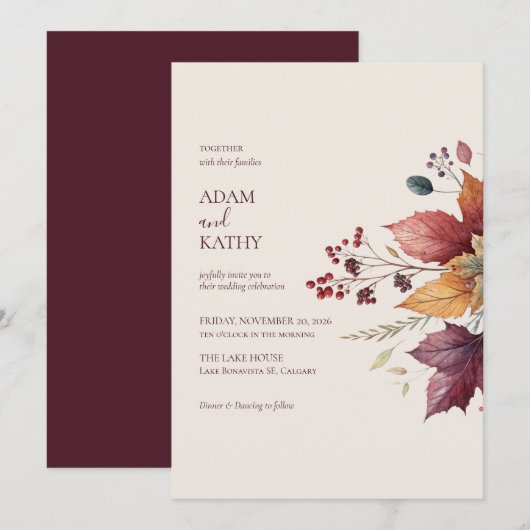 Elegant Maple Leaf Fall Wedding Invitation 招待状 (正面/裏面)