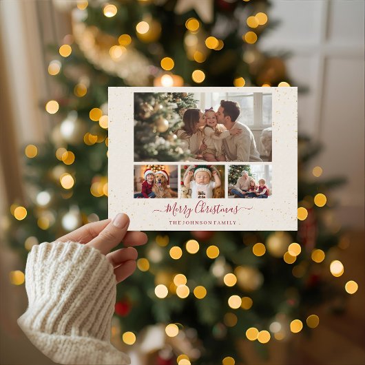Elegant Marble 4 Photo Christmas Card シーズンポストカード