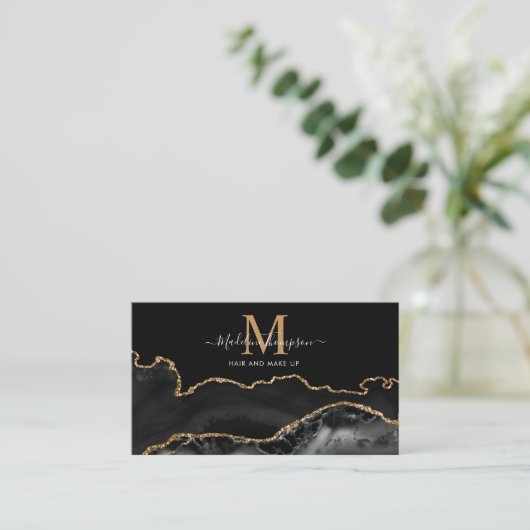 Elegant Marble Black Gold Photo QR Code Monogram 名刺 (スタンド正面)