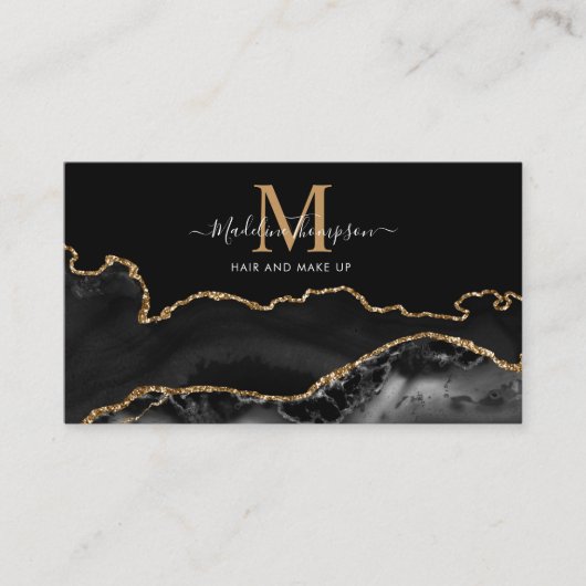 Elegant Marble Black Gold Photo QR Code Monogram 名刺 (正面)