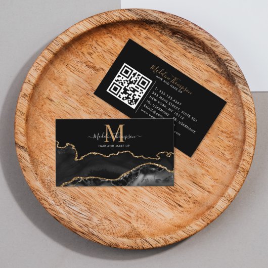 Elegant Marble Black Gold Photo QR Code Monogram 名刺