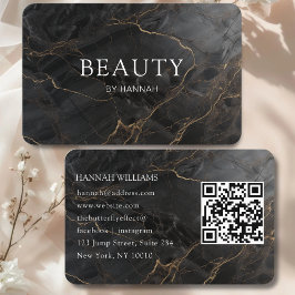 Elegant Marble Black-Gold Salon QR Code 名刺