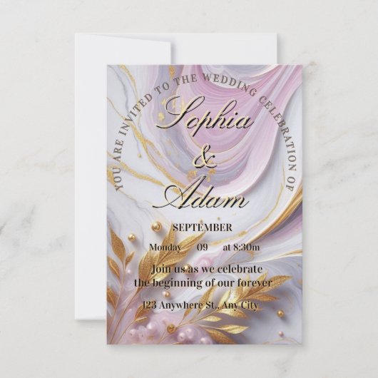 Elegant Marble & Gold Wedding Invitation 招待状 (正面)
