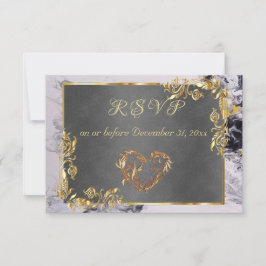 Elegant Marble, Grey, Gold Frame, Gold Heart 出欠カード