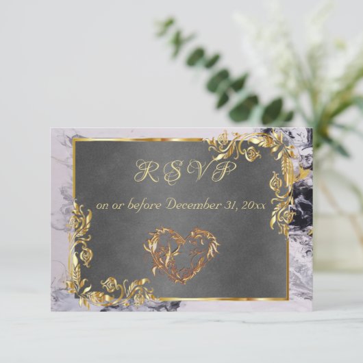 Elegant Marble, Grey, Gold Frame, Gold Heart 出欠カード (スタンド正面)