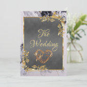 Elegant Marble, Grey, Gold Frame, Gold Heart 招待状 (スタンド正面)