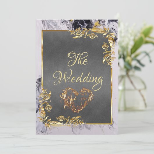 Elegant Marble, Grey, Gold Frame, Gold Heart 招待状 (スタンド正面)