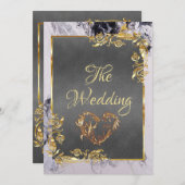 Elegant Marble, Grey, Gold Frame, Gold Heart 招待状 (正面/裏面)