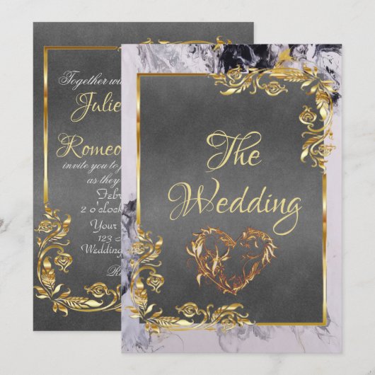 Elegant Marble, Grey, Gold Frame, Gold Heart 招待状 (正面/裏面)
